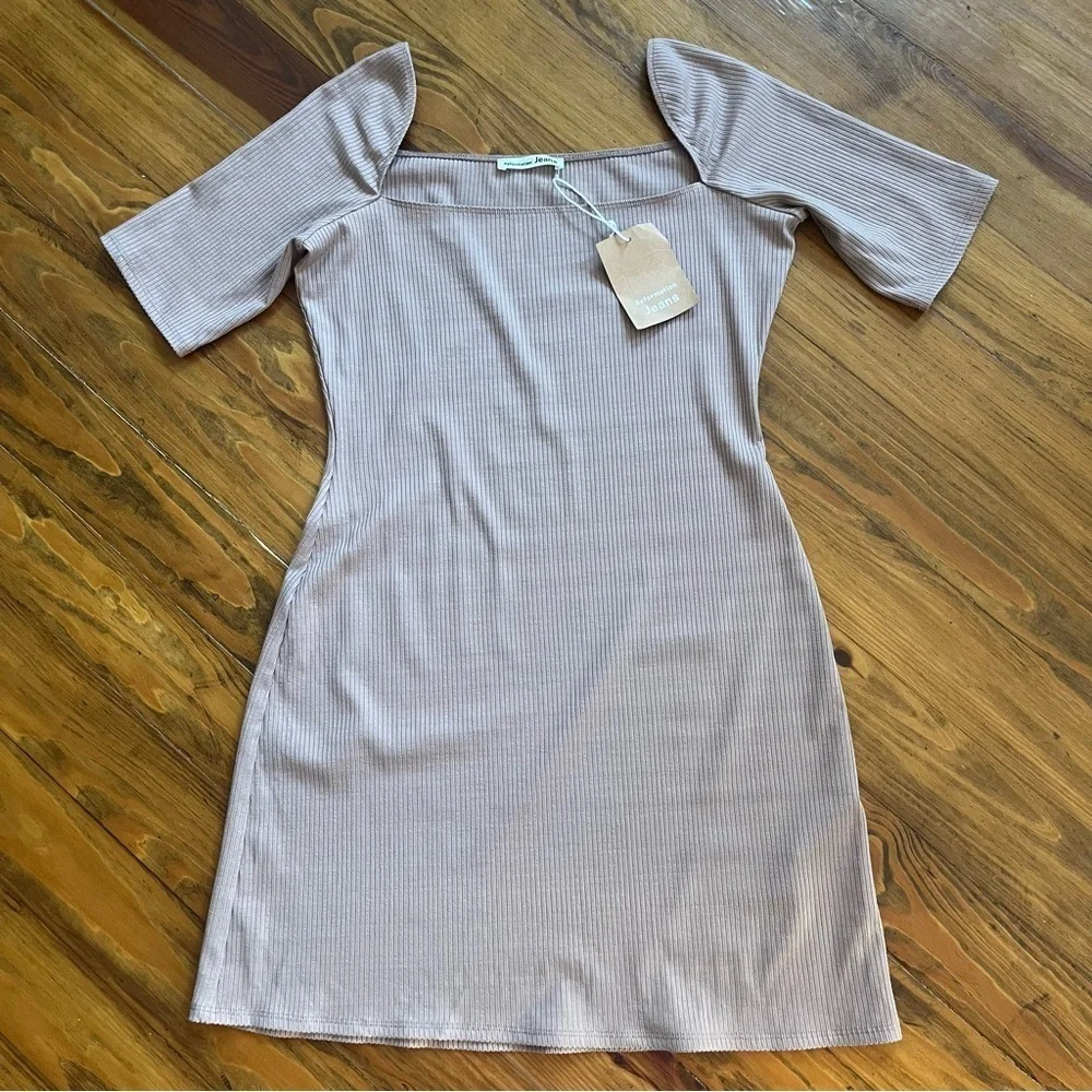 Reformation NEW Tan Sarita Dress Knit Ribbed Square Neck L Mini‎ Dress Bodycon